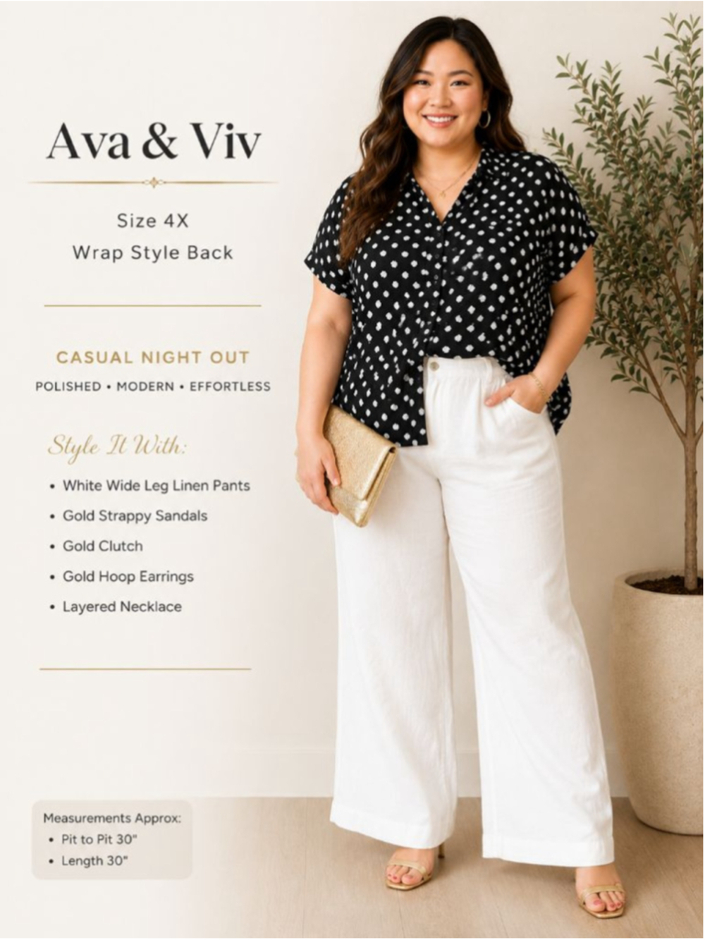 Ava & Viv Black Shell Print Button Front Blouse Top 4X Linen Rayon No-Gap Casual